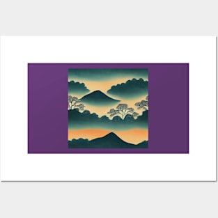 Mount Fuji Dawn Chiyogami Pattern Posters and Art